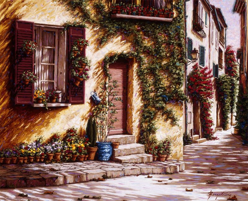 Cobblestone Alley with Flowers — Yellow, Serene, Afternoon