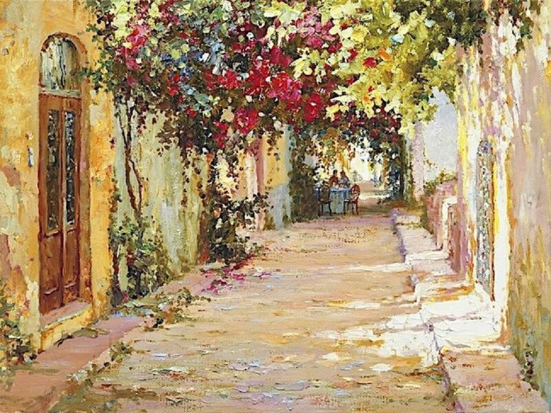 Cobblestone Alley with Flowers — Yellow, Serene