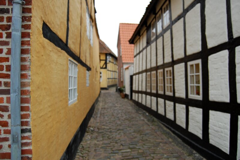 cobblestone alley with half-timbered houses