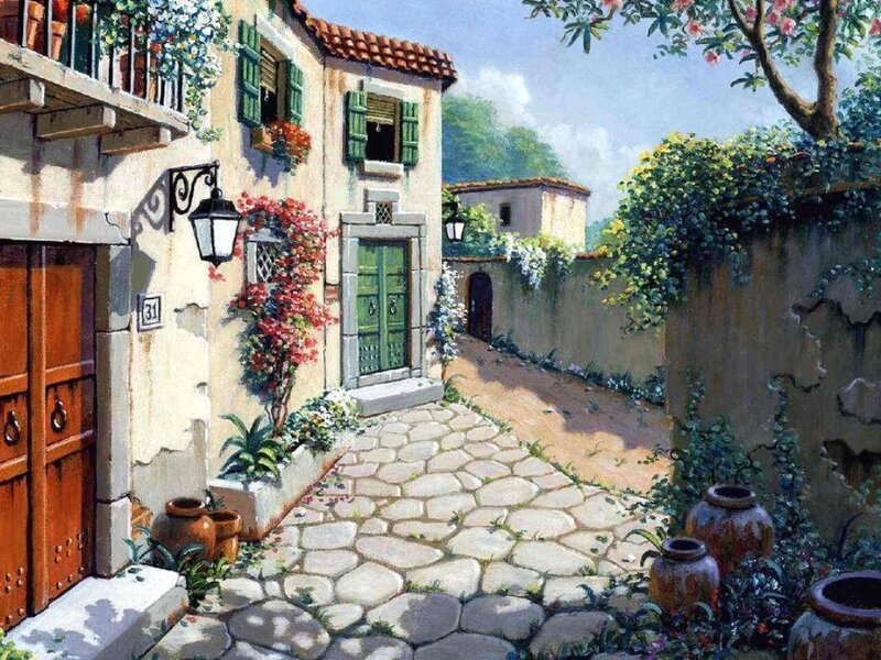 Cobblestone Alley with Houses — Beige