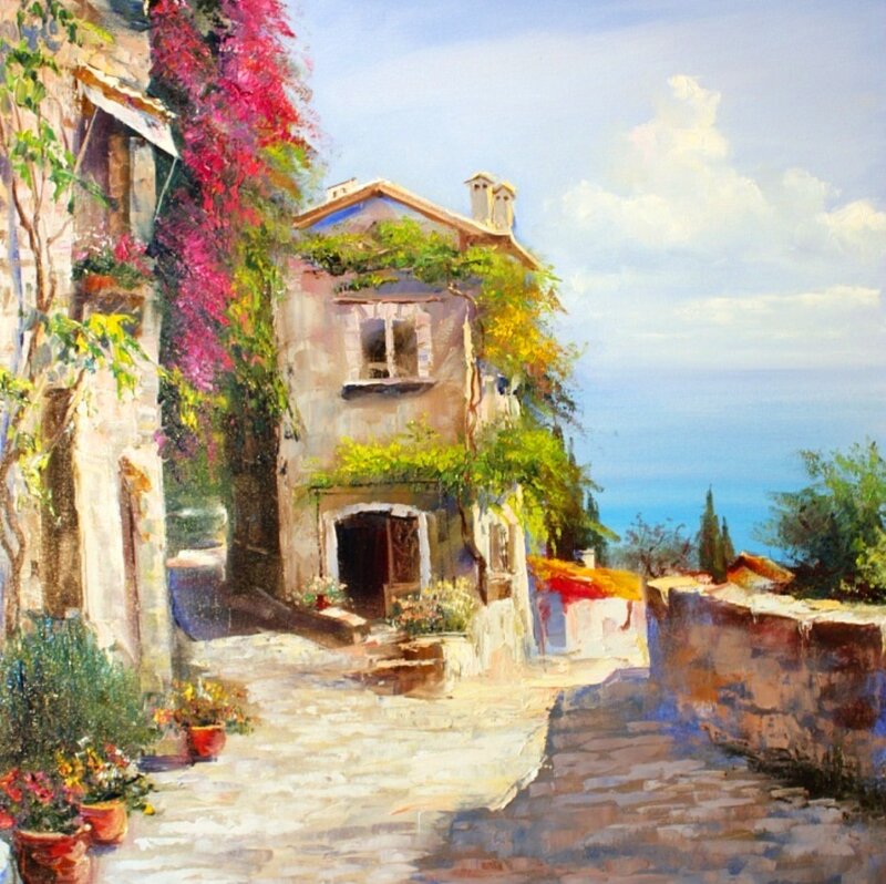 Cobblestone Alley with Houses — Blue
