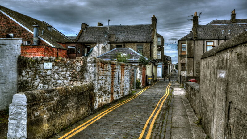 Cobblestone Alley with Houses — Gray, Dramatic
