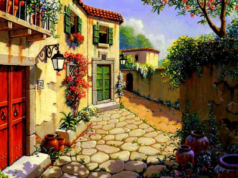 Cobblestone Alley with Houses — Yellow