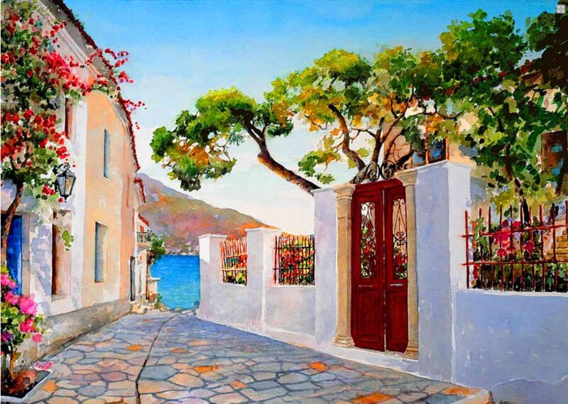 Cobblestone Alley with Red Door