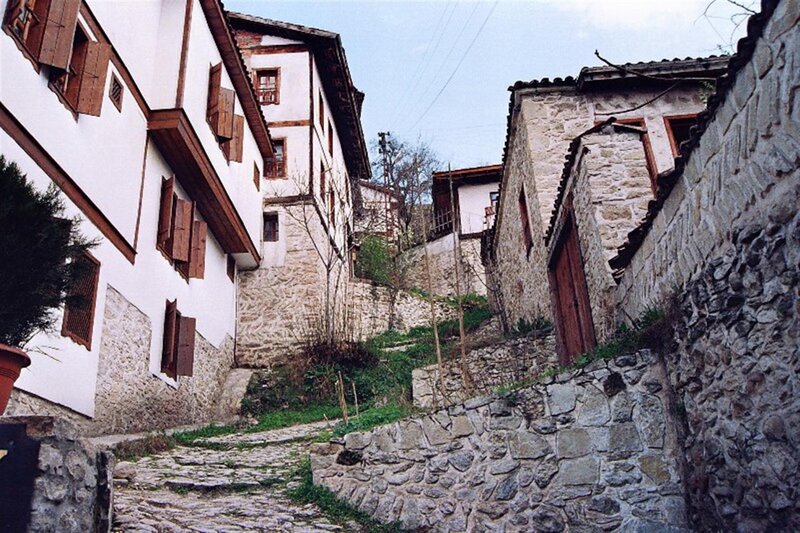 Cobblestone Alley with Stone Buildings — White