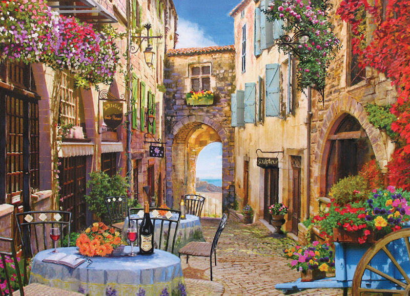 Cobblestone Alley with Tables — Blue, Serene