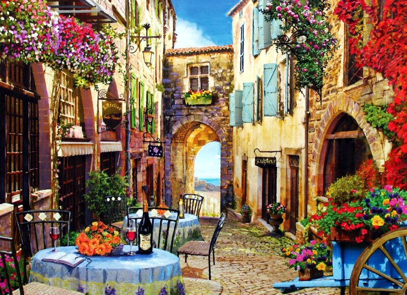 Cobblestone Alley with Tables — Blue
