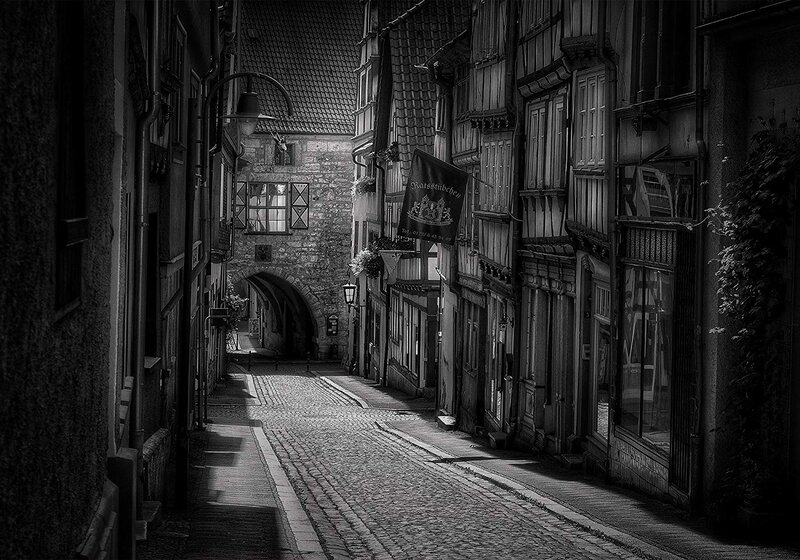 Cobblestone Alleyway — Black, Dramatic, Night