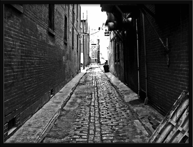 Cobblestone Alleyway — Black, Dramatic, Photograph