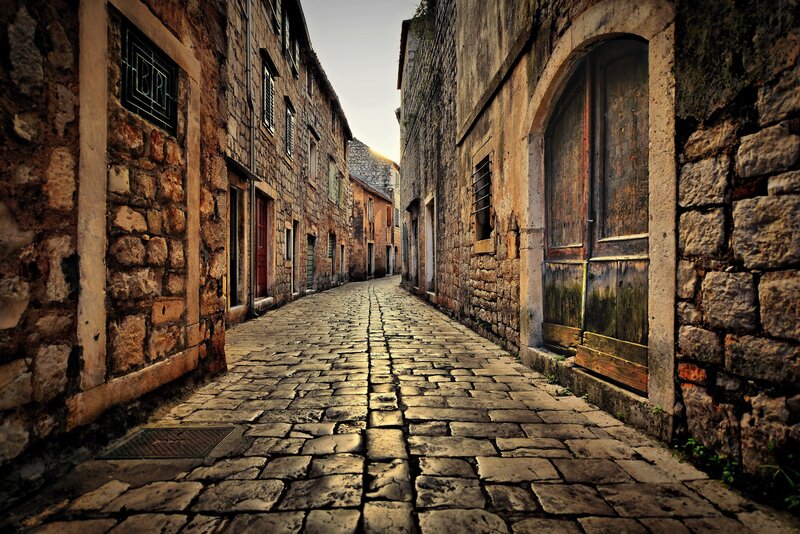 Cobblestone Alleyway — Brown, Dramatic, Sunset, Photograph