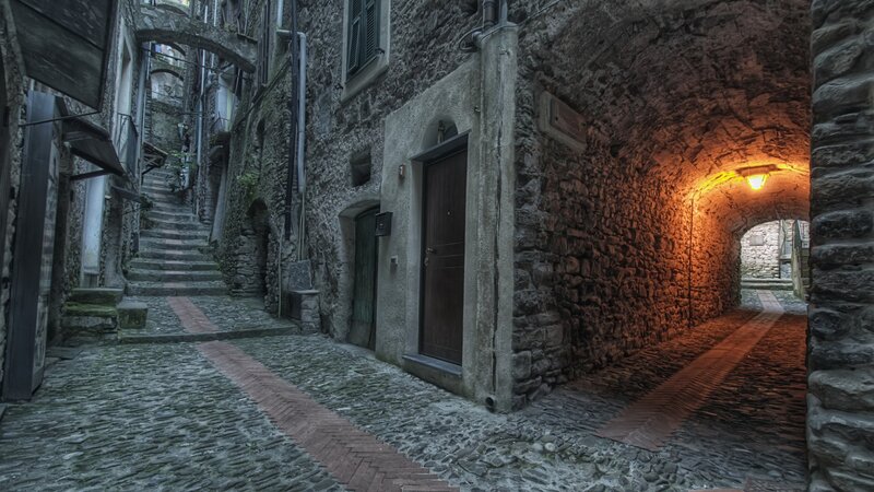 Cobblestone Alleyway — Gray, Dramatic, Night