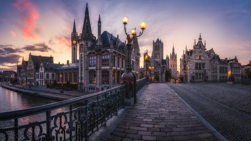 Cobblestone Bridge at Dusk — Purple