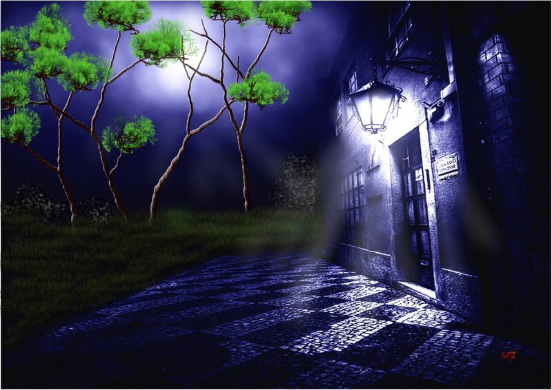 Cobblestone Path at Night — Blue