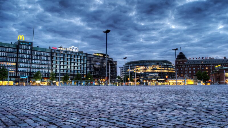 Cobblestone Plaza at Dusk — Blue