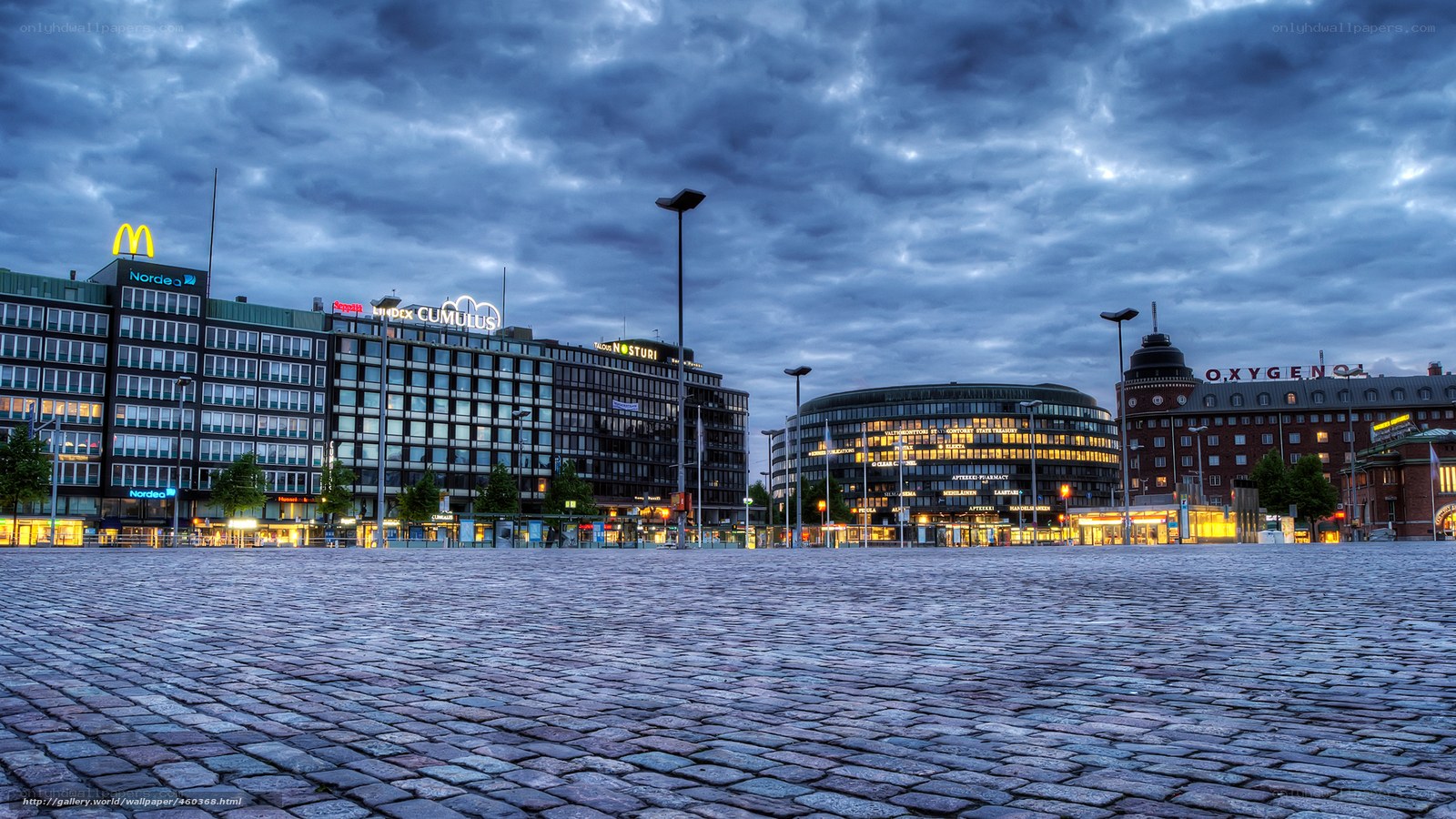 Cobblestone square at dusk