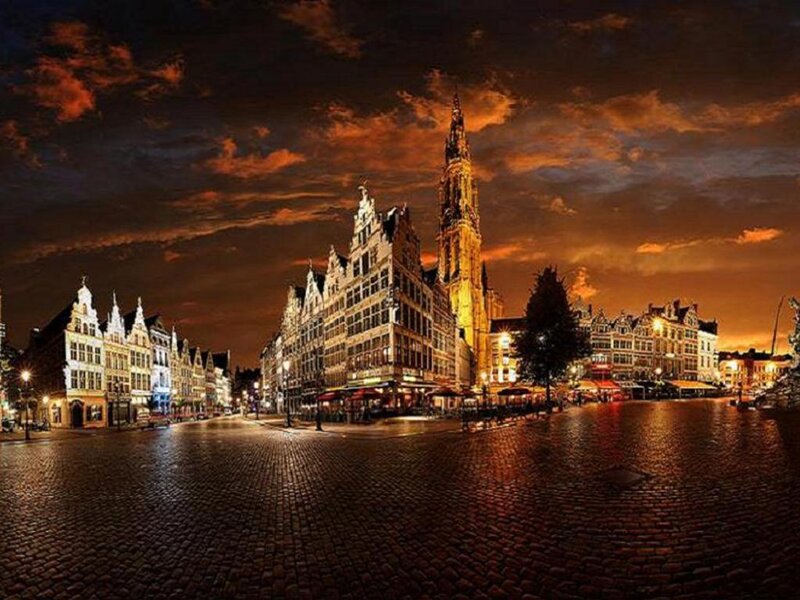 Cobblestone Square at Night — Orange