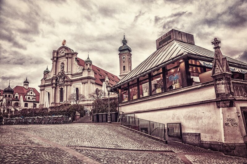 Cobblestone square with church