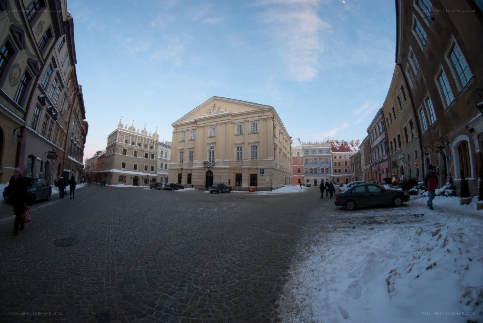 Cobblestone square with historic buildings