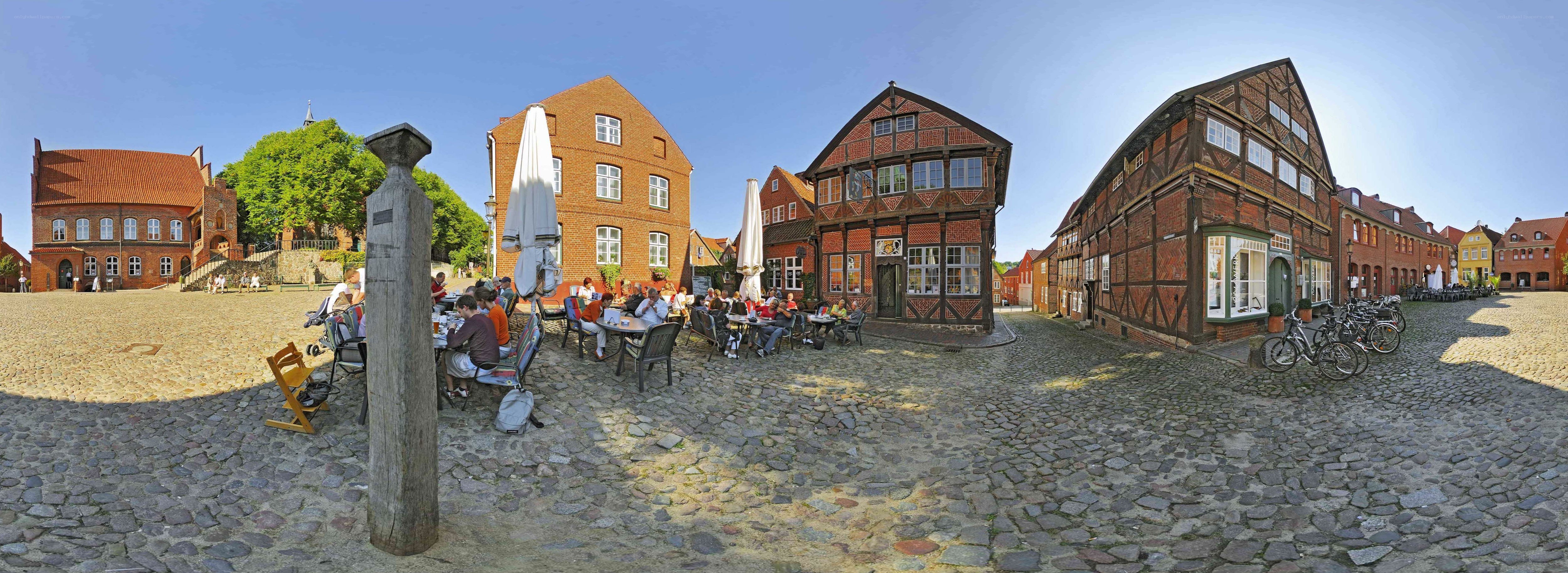 Cobblestone square with historic buildings