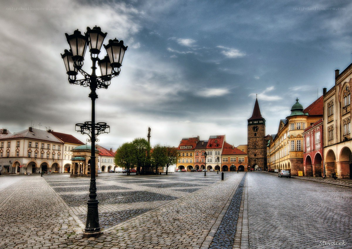 Cobblestone square with historic buildings