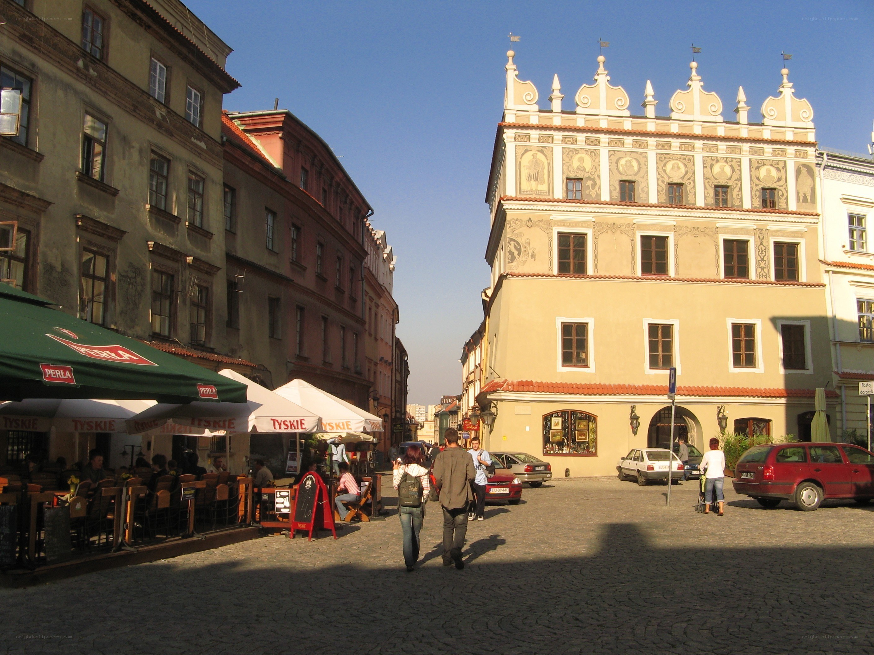 Cobblestone square with historic buildings