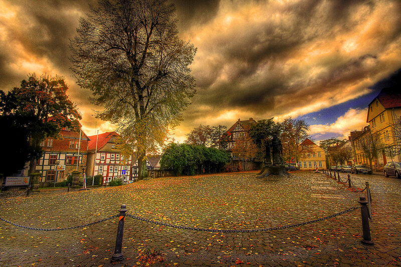 Cobblestone Square with Trees