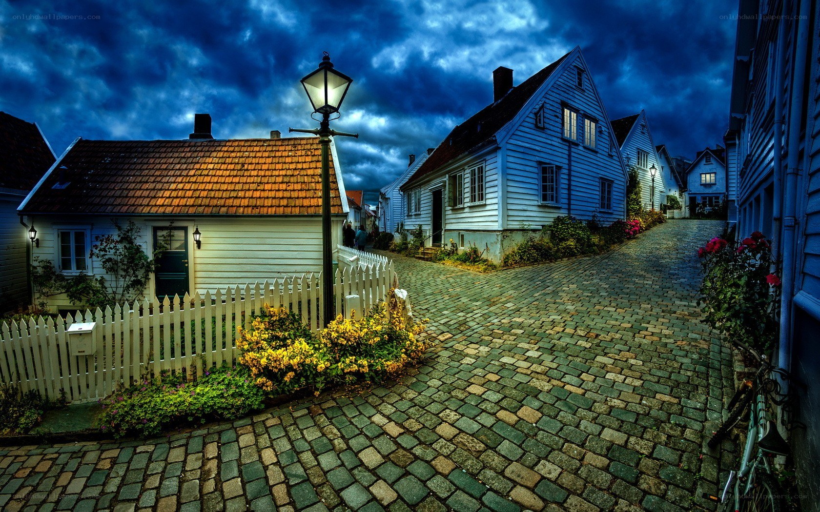 Cobblestone street at dusk