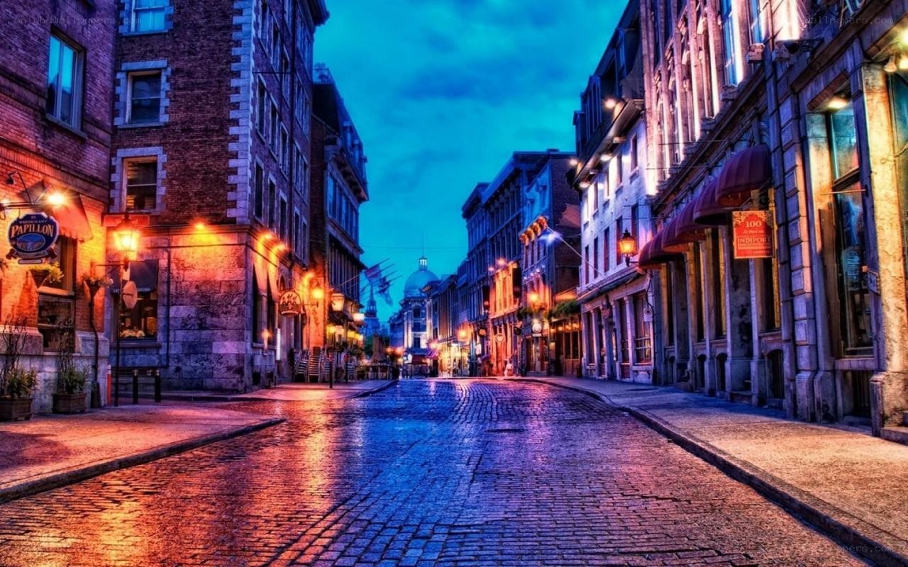 cobblestone street at dusk
