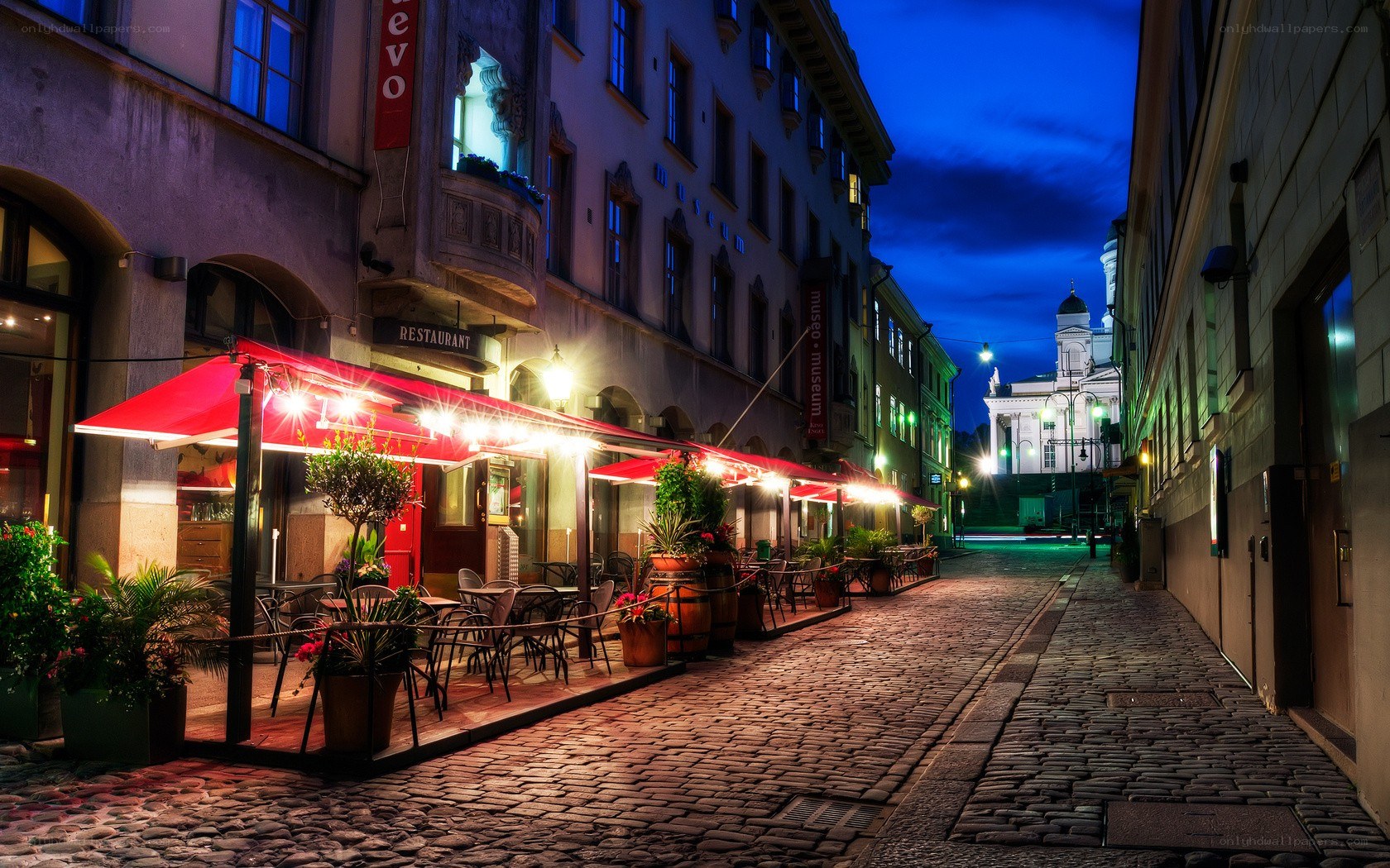 Cobblestone street at dusk