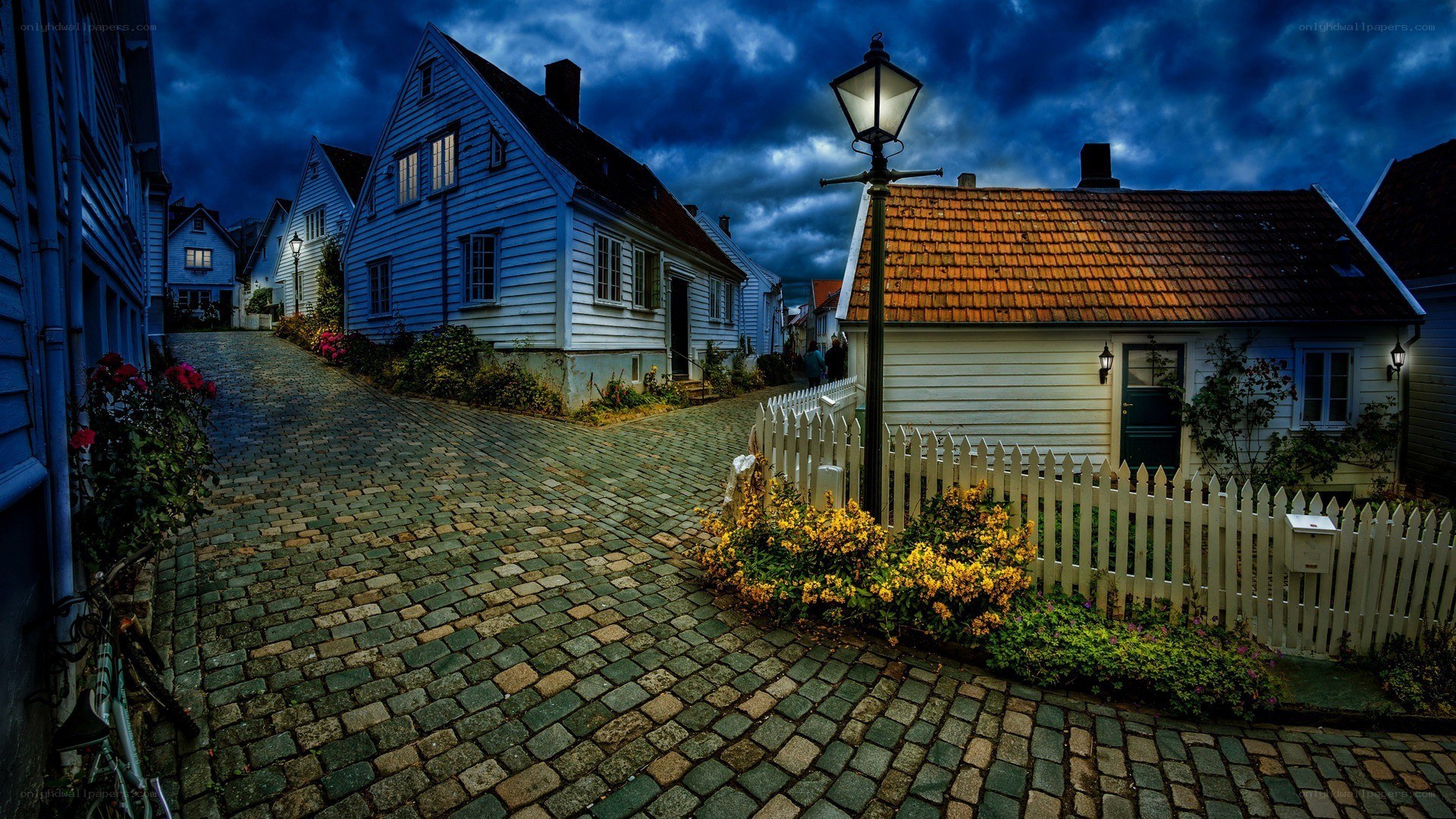 Cobblestone street at dusk