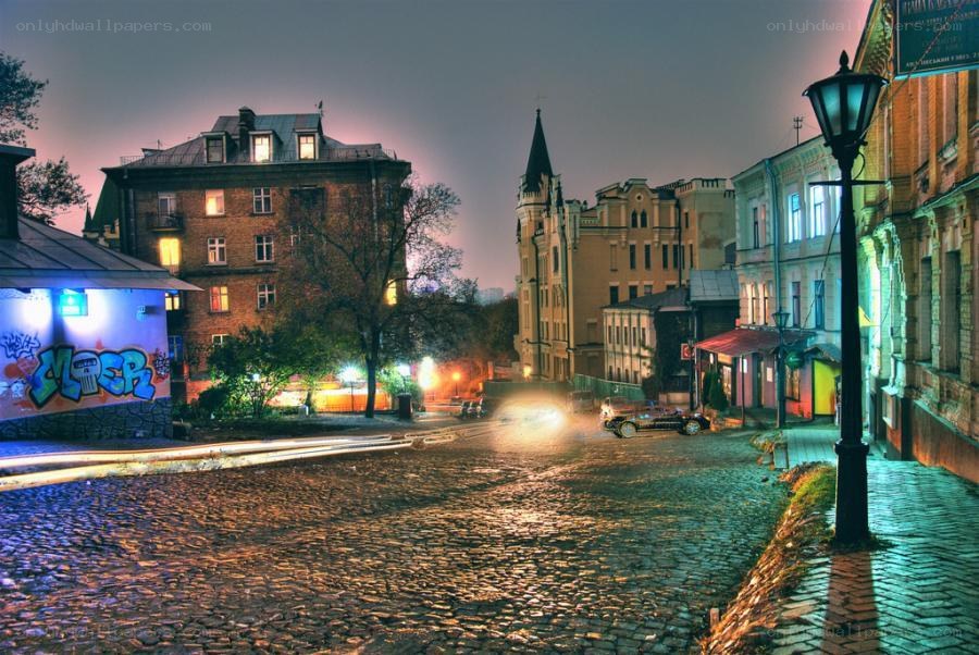 cobblestone street at dusk