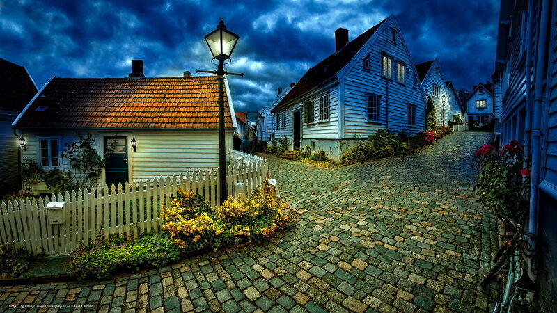 Cobblestone Street at Dusk — Blue, Dramatic, Night, Photograph, Houses