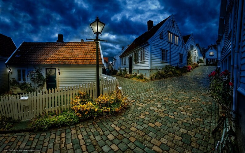 Cobblestone Street at Dusk — Blue, Dramatic, Night, Photograph