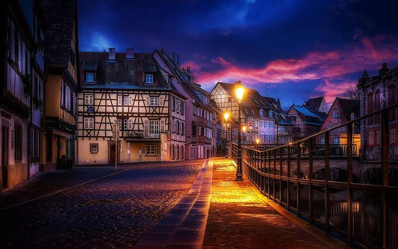 Cobblestone Street at Dusk — Blue, Dramatic, Night