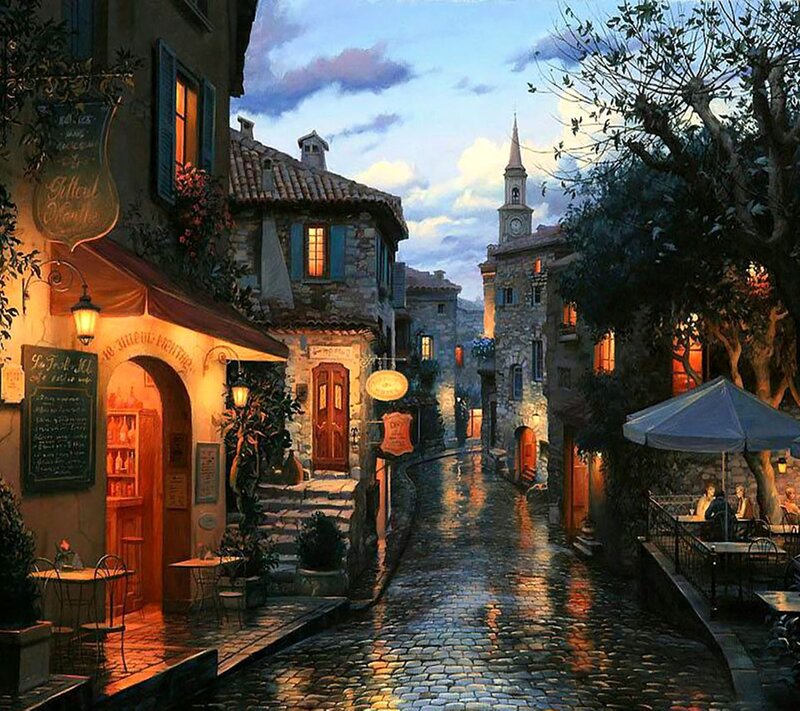 Cobblestone Street at Dusk — Blue, Serene, Night, Painting