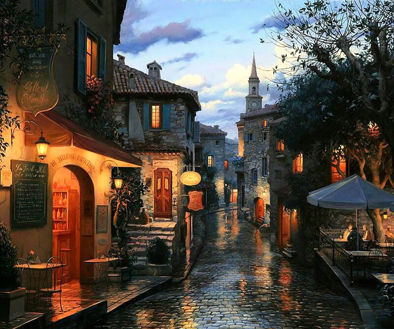 Cobblestone Street at Dusk — Blue, Serene, Night