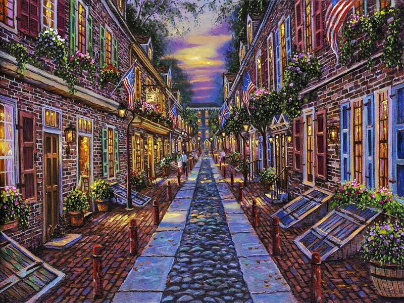 Cobblestone Street at Dusk — Blue, Serene, Sunset