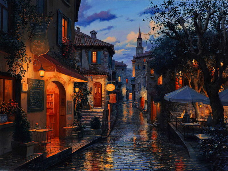 Cobblestone Street at Dusk — Blue, Serene