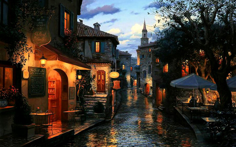 Cobblestone Street at Dusk — Blue