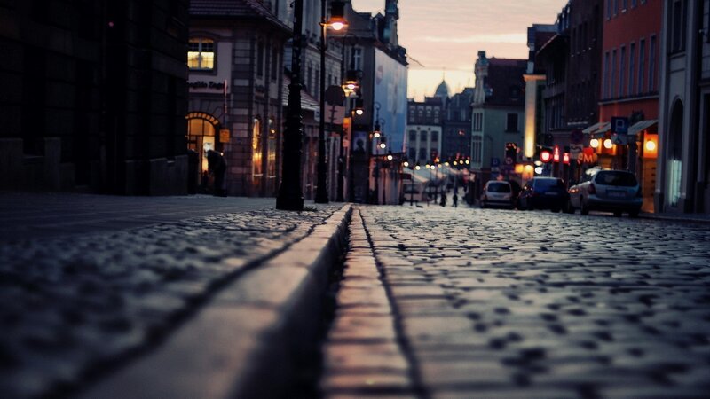 Cobblestone Street at Dusk — Gray, Calm, Sunset