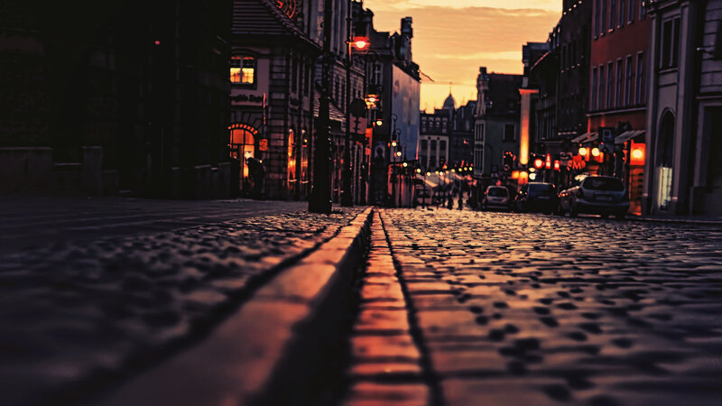 Cobblestone Street at Dusk — Orange, Dramatic, Sunset