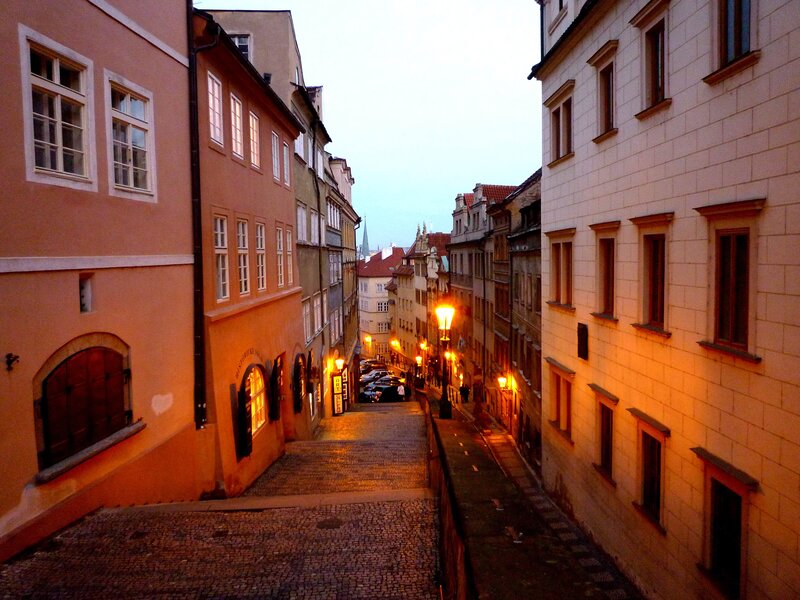 Cobblestone Street at Dusk — Orange