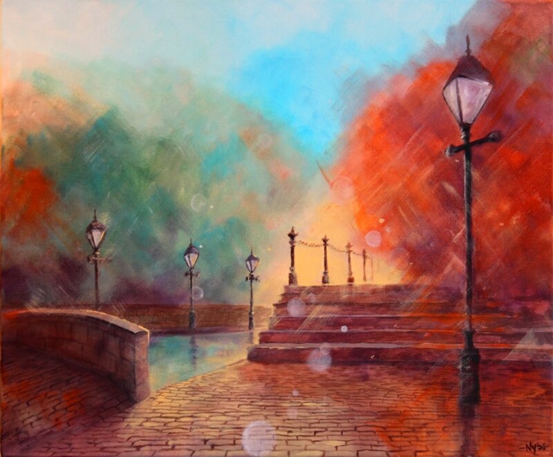 Cobblestone Street at Dusk — Red