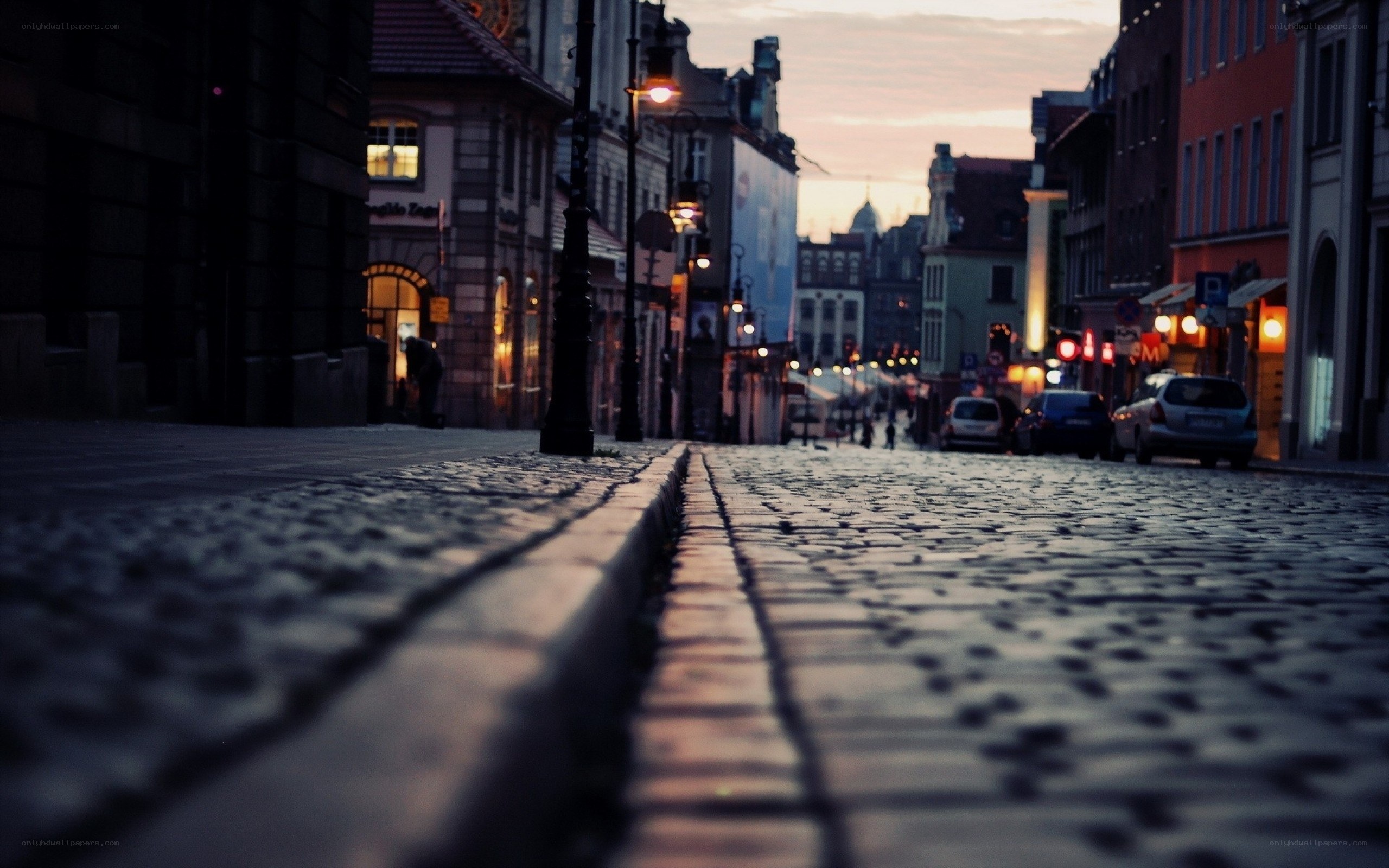 cobblestone street at dusk