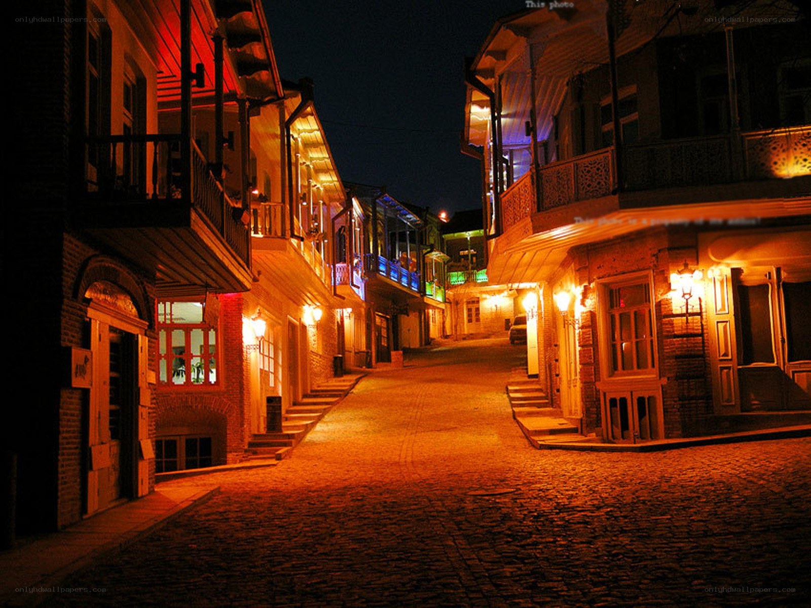Cobblestone street at night
