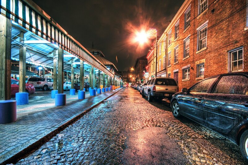 cobblestone street at night