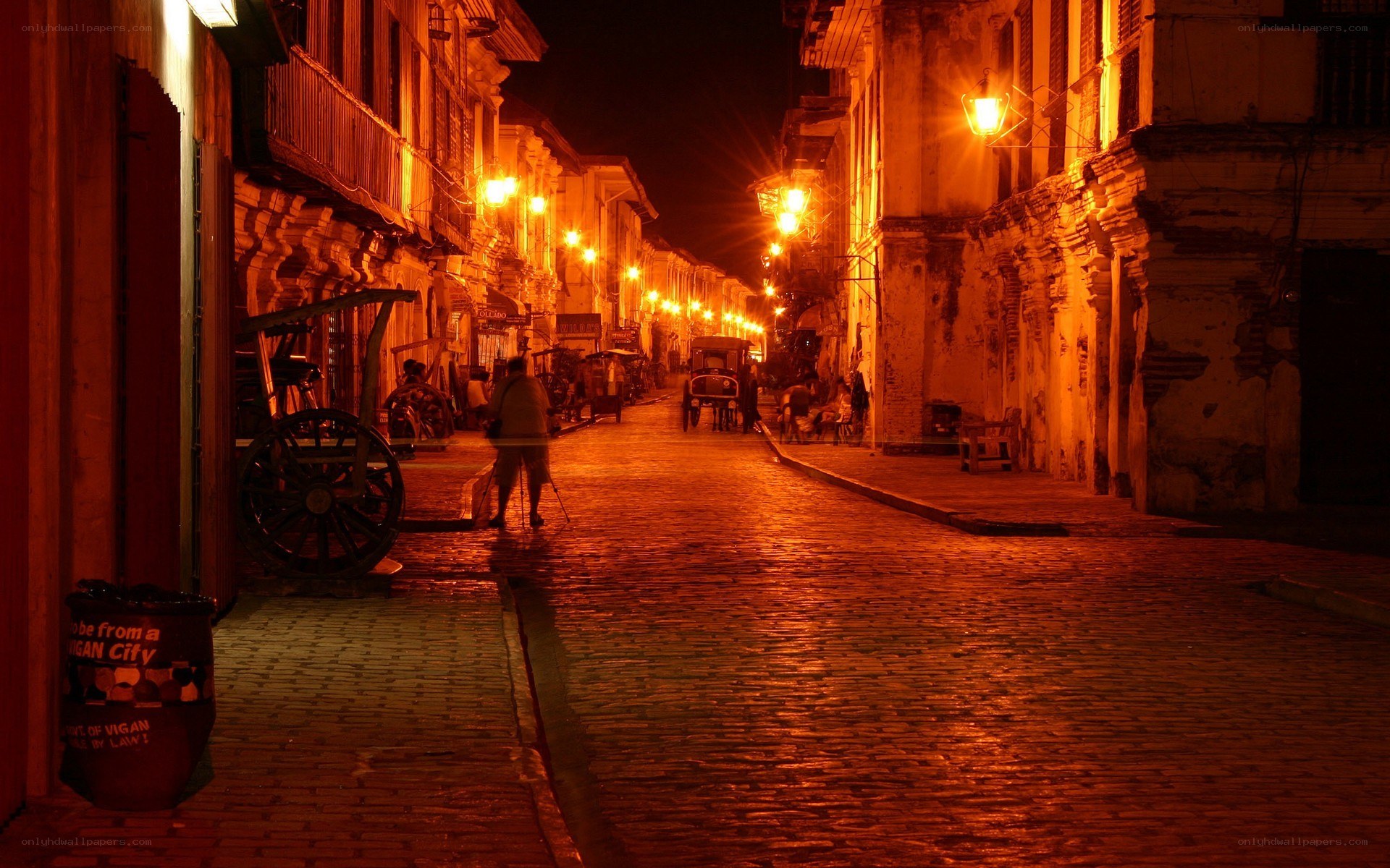 cobblestone street at night