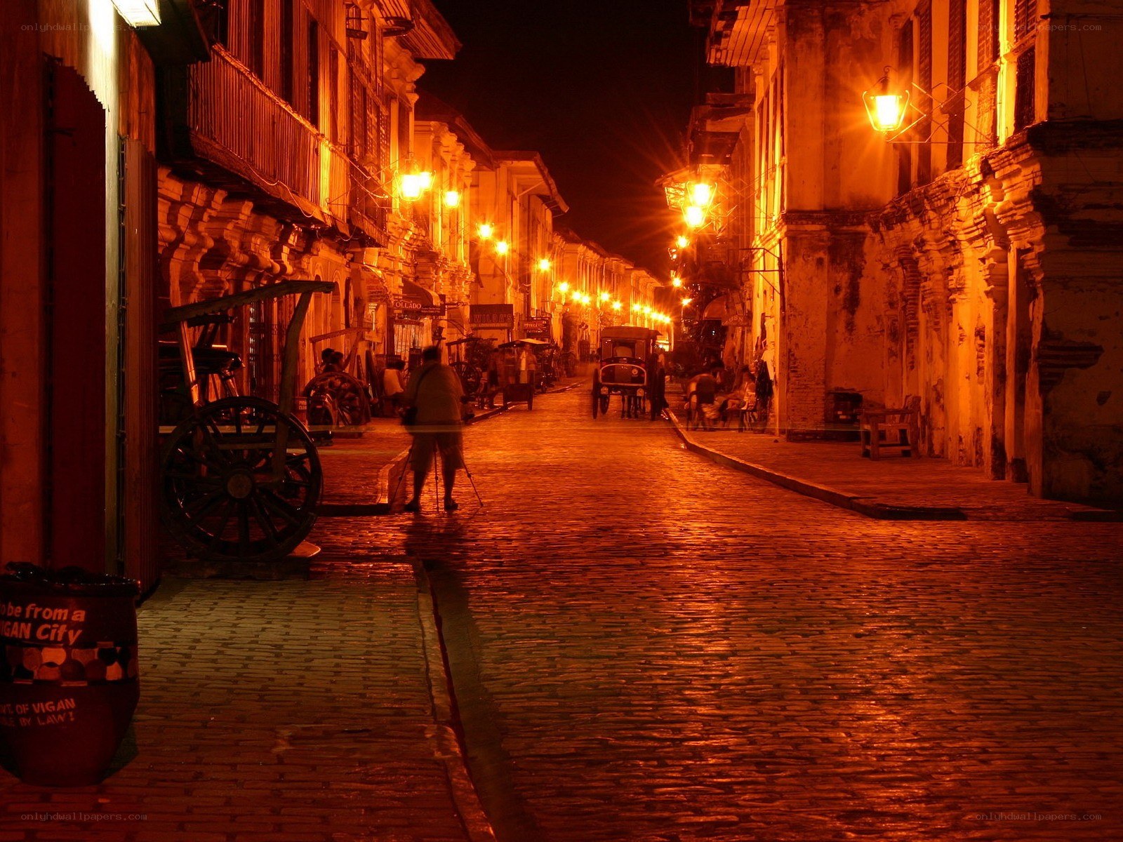 cobblestone street at night