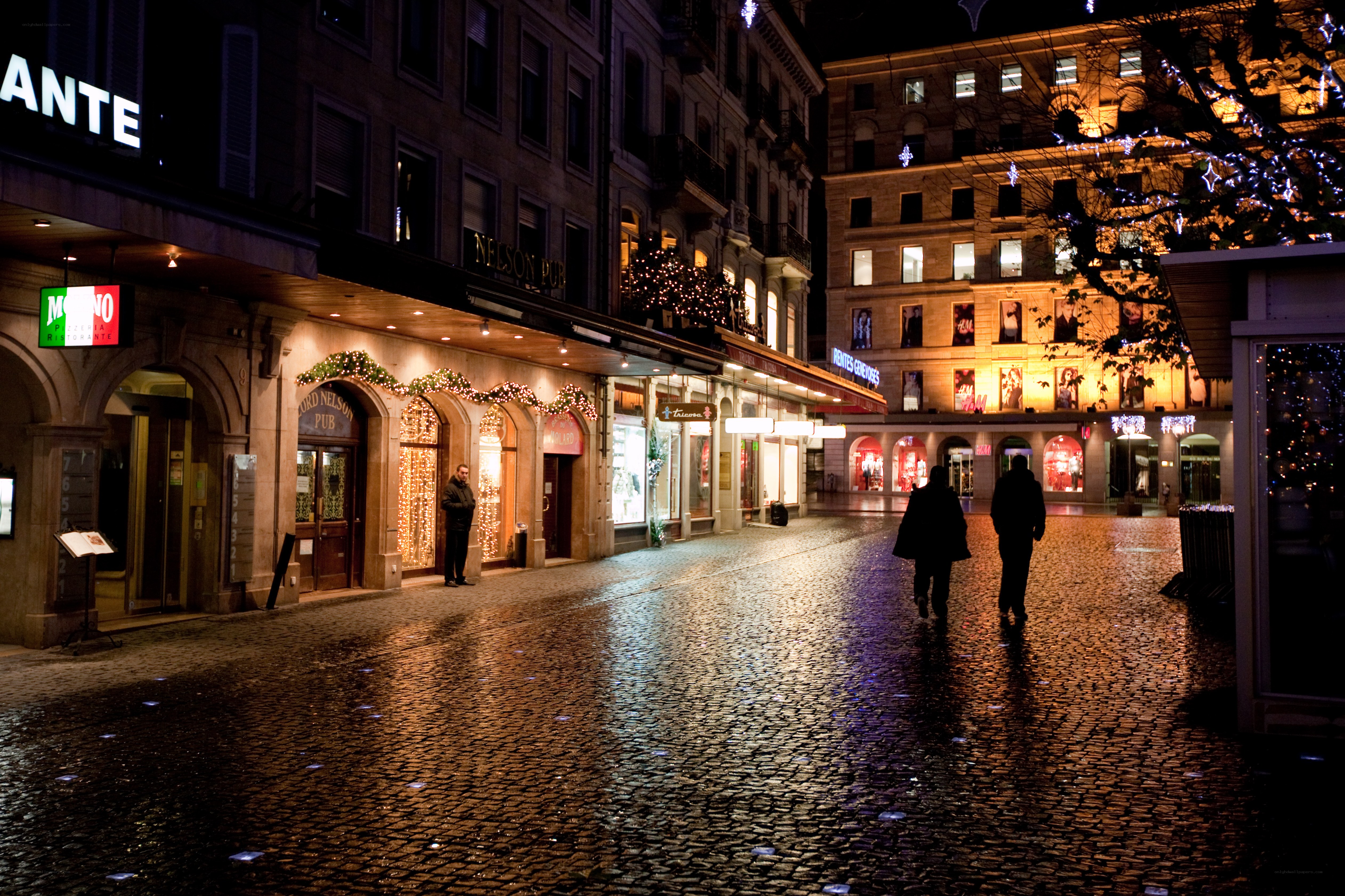 Cobblestone street at night