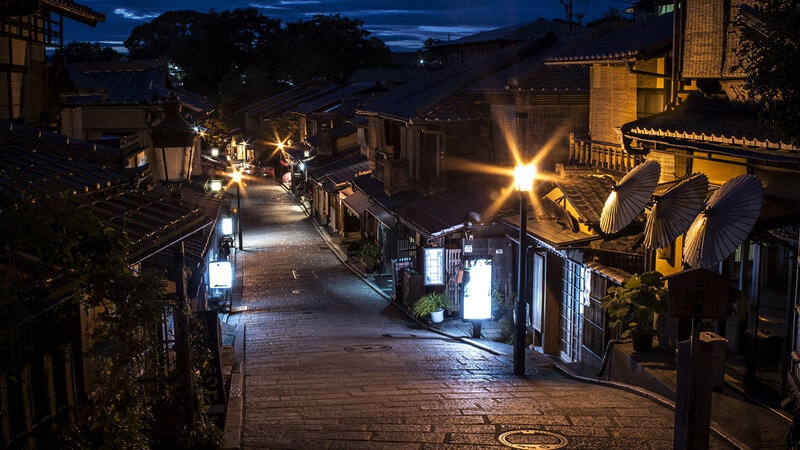 Cobblestone Street at Night — Black, Serene